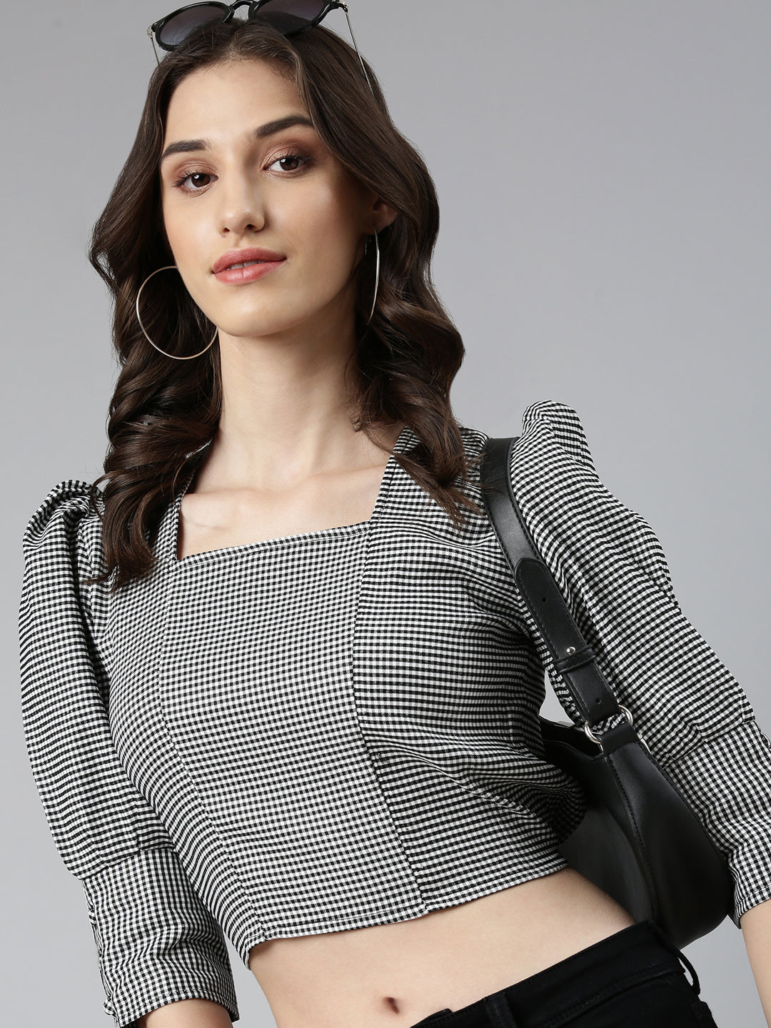 Women Black Geometrical Blouson Crop Top