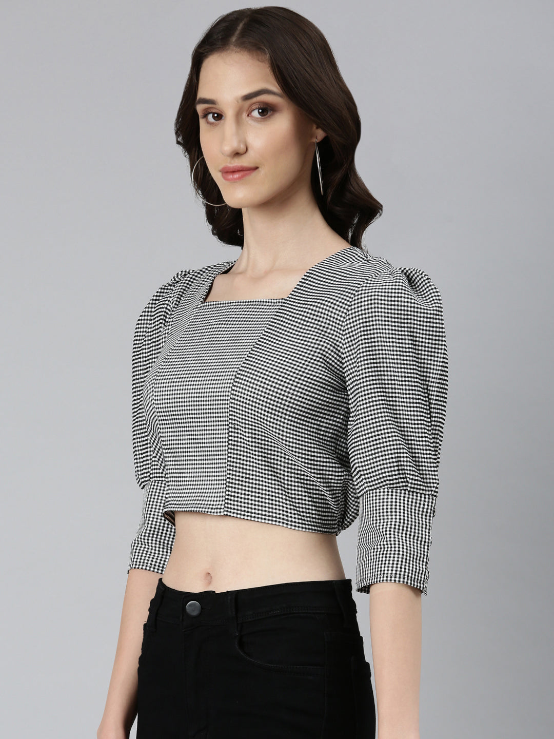 Women Black Geometrical Blouson Crop Top