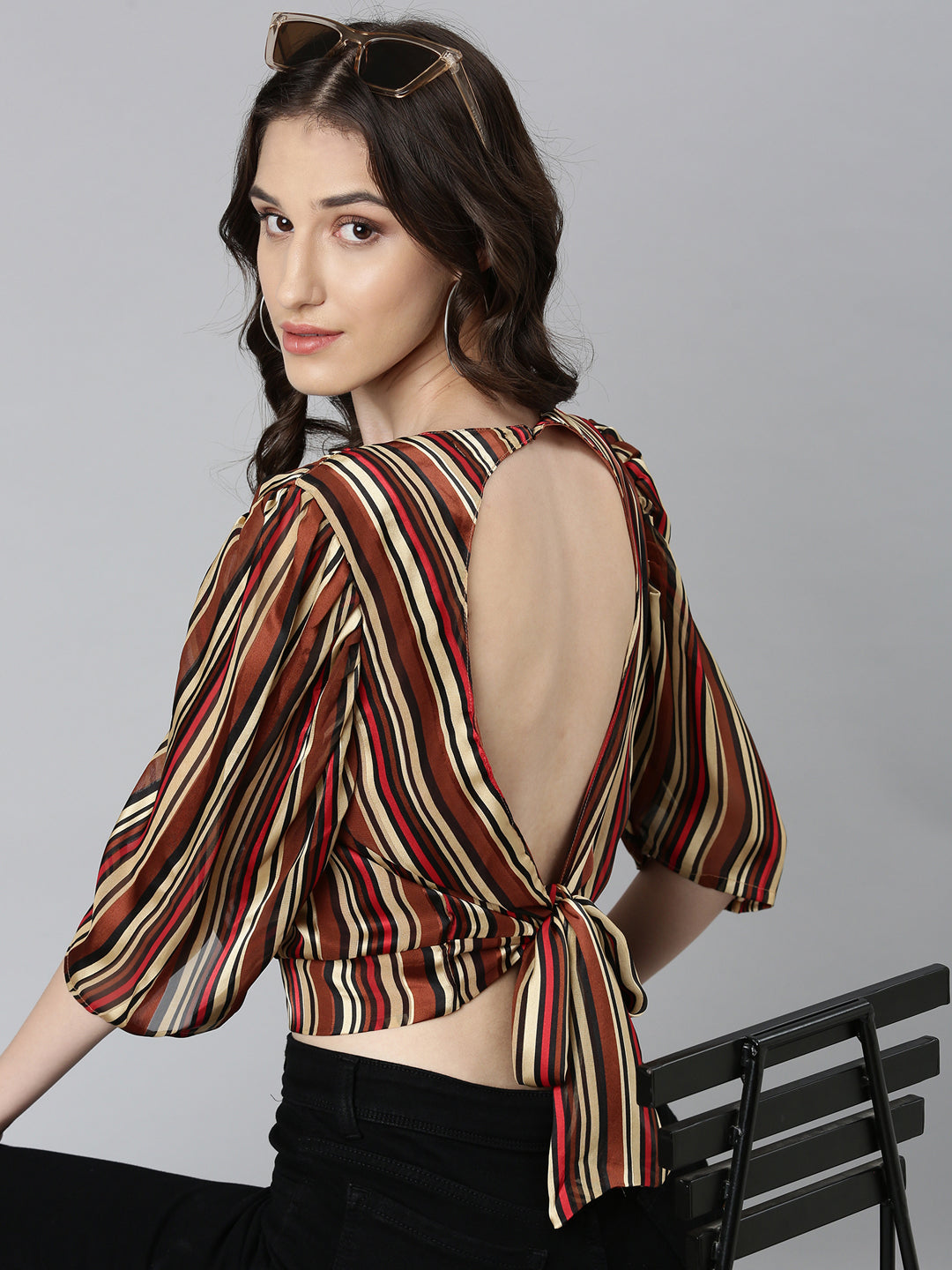 Women Brown Striped Styled Back Crop Top