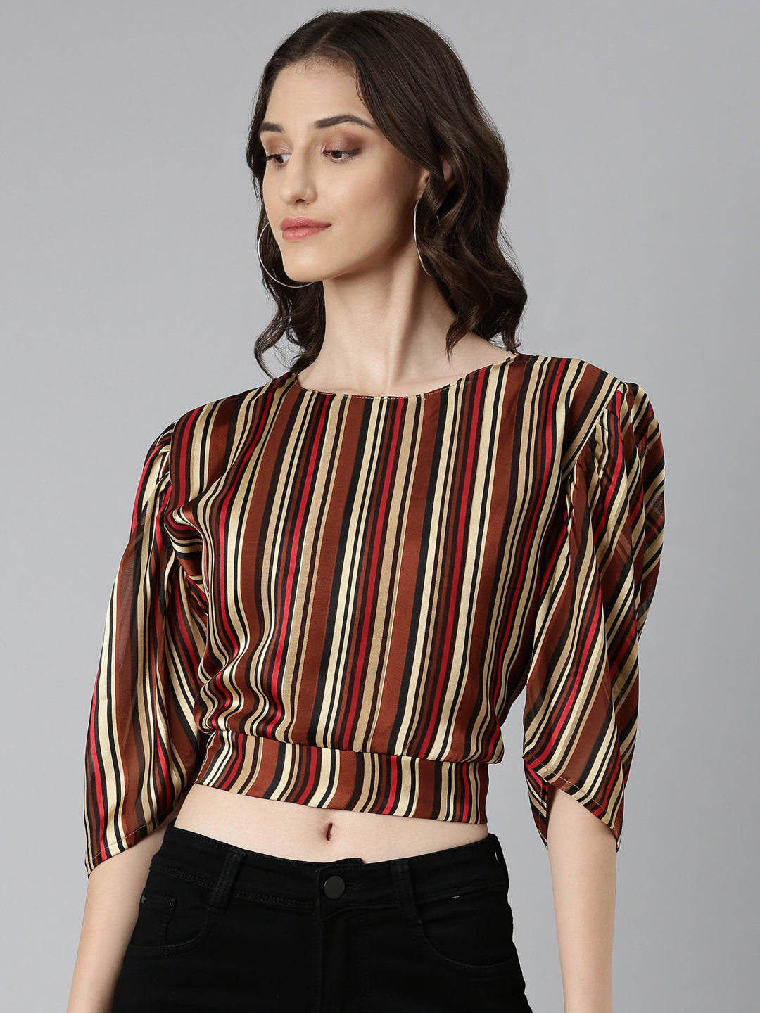 Women Brown Striped Styled Back Crop Top