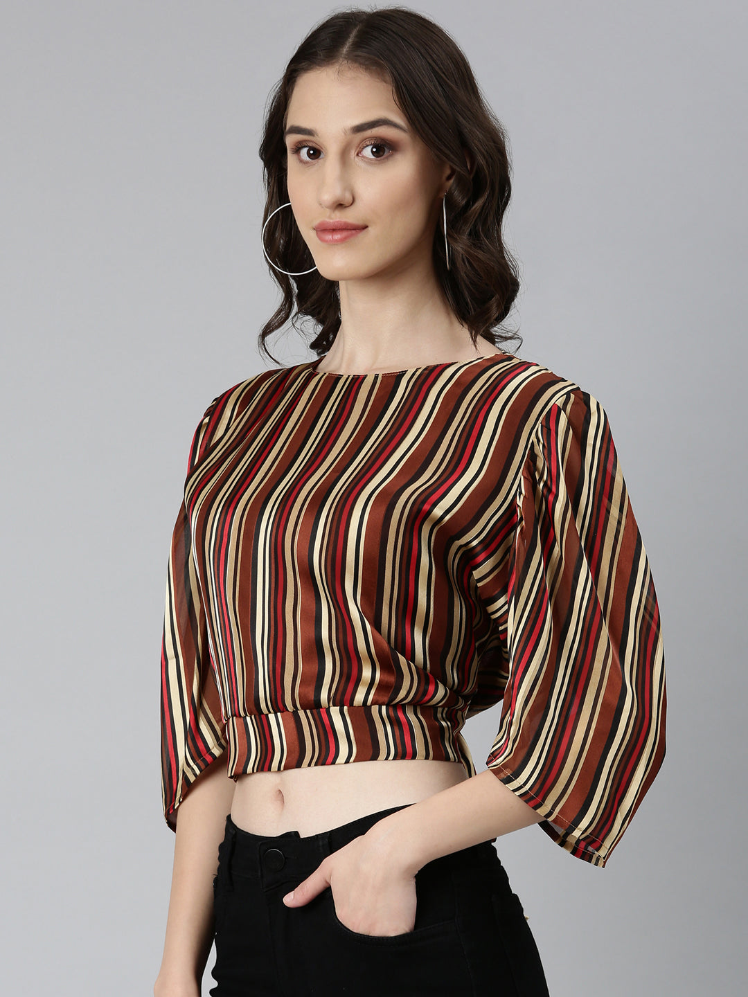 Women Brown Striped Styled Back Crop Top