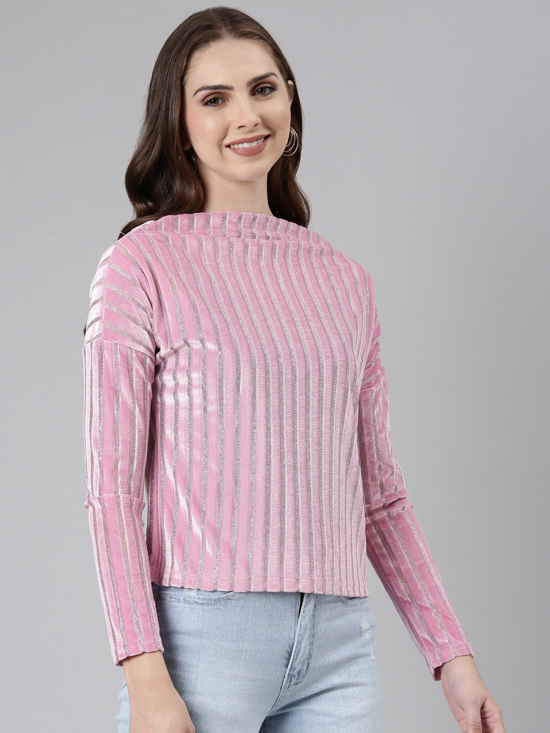 Boat Neck Embellished Pink Regular Top