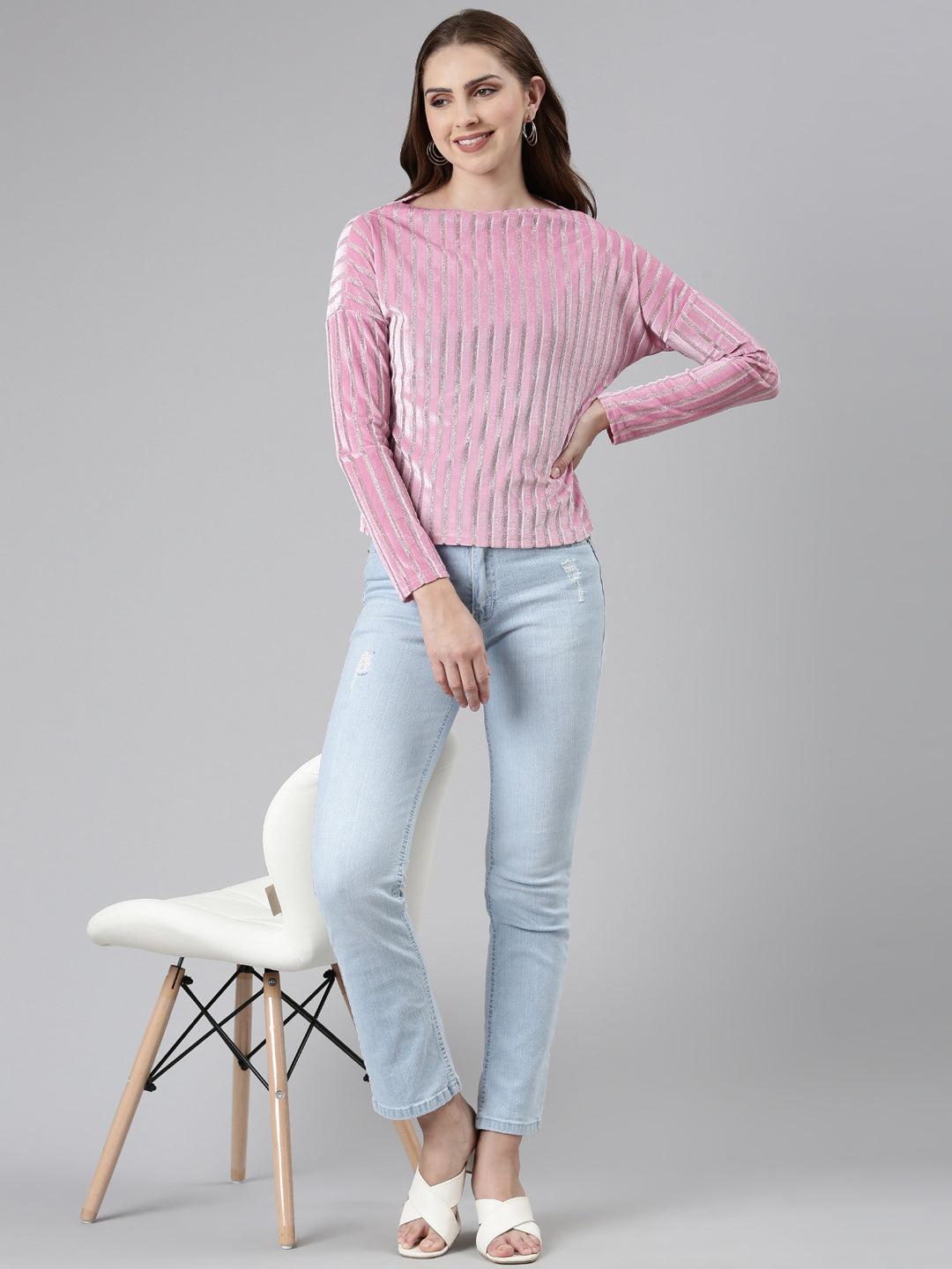 Boat Neck Embellished Pink Regular Top