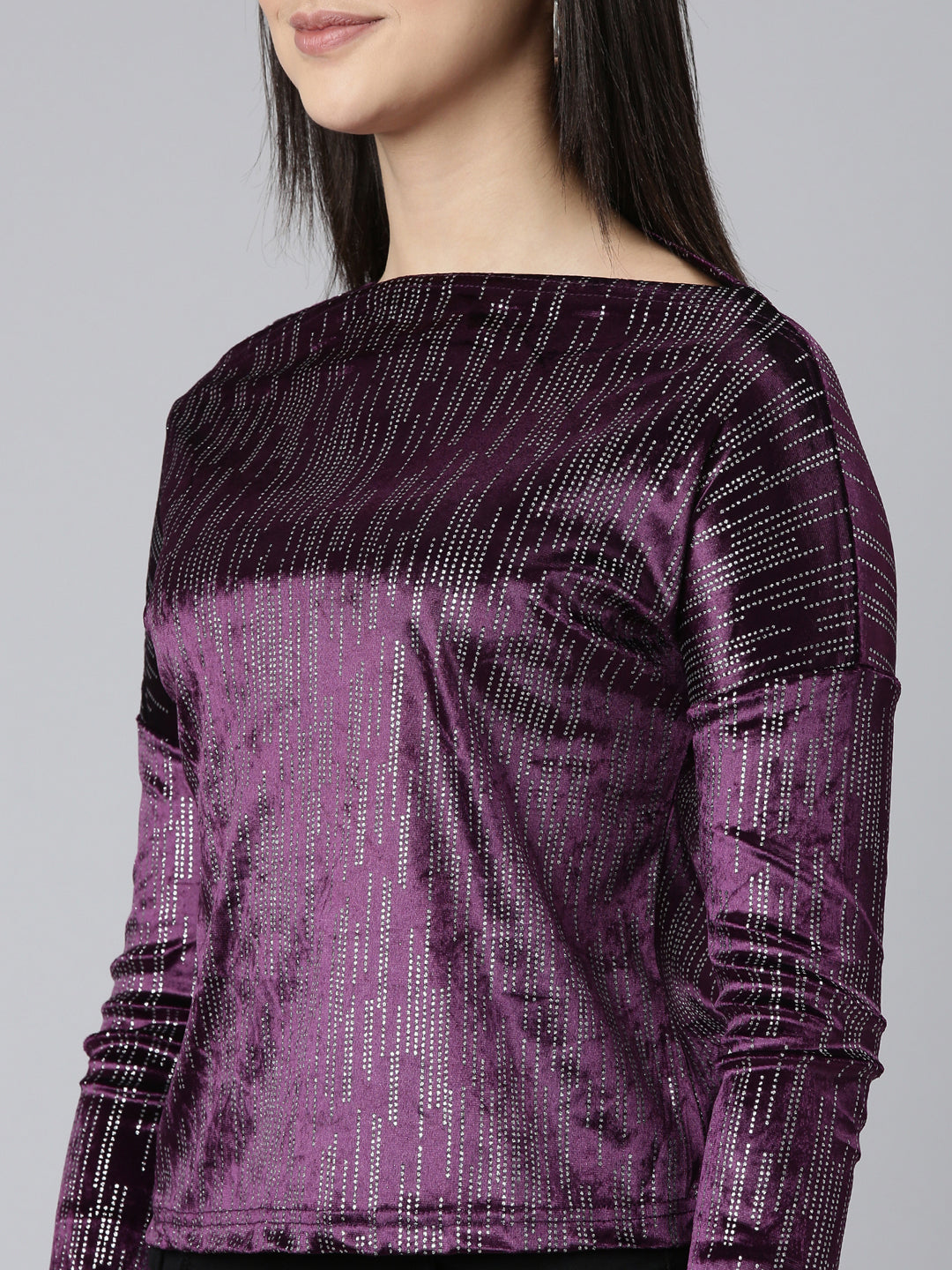 Boat Neck Embellished Purple Regular Top