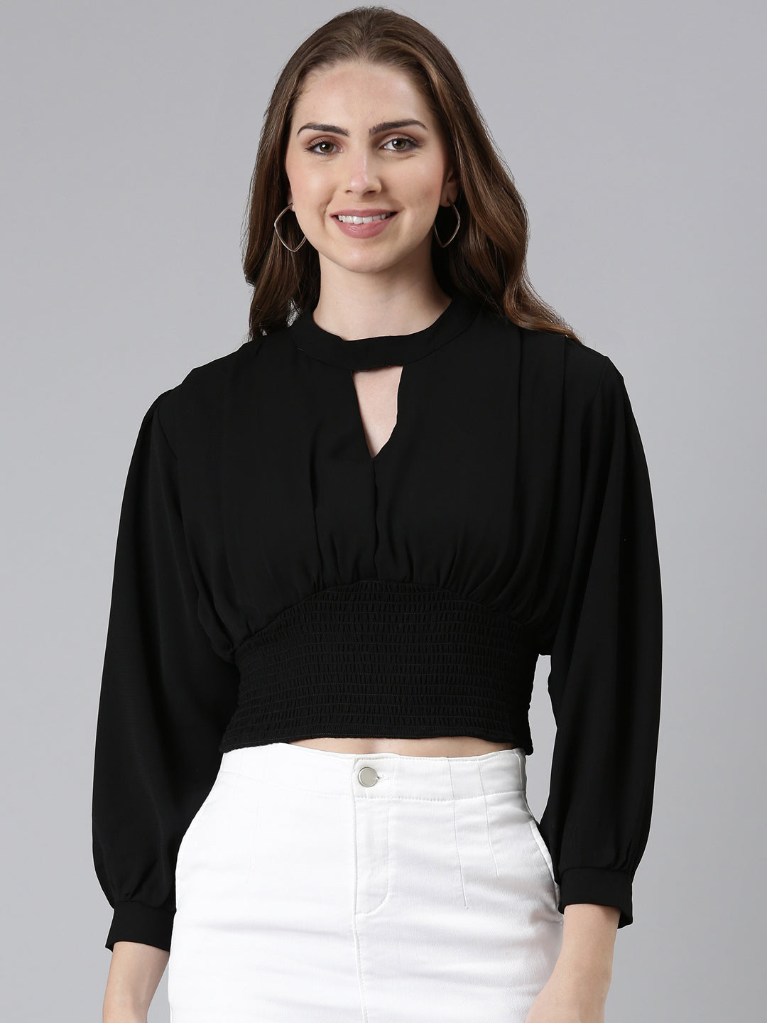 Women Keyhole Neck Bishop Sleeves Solid Cinched Waist Black Crop Top