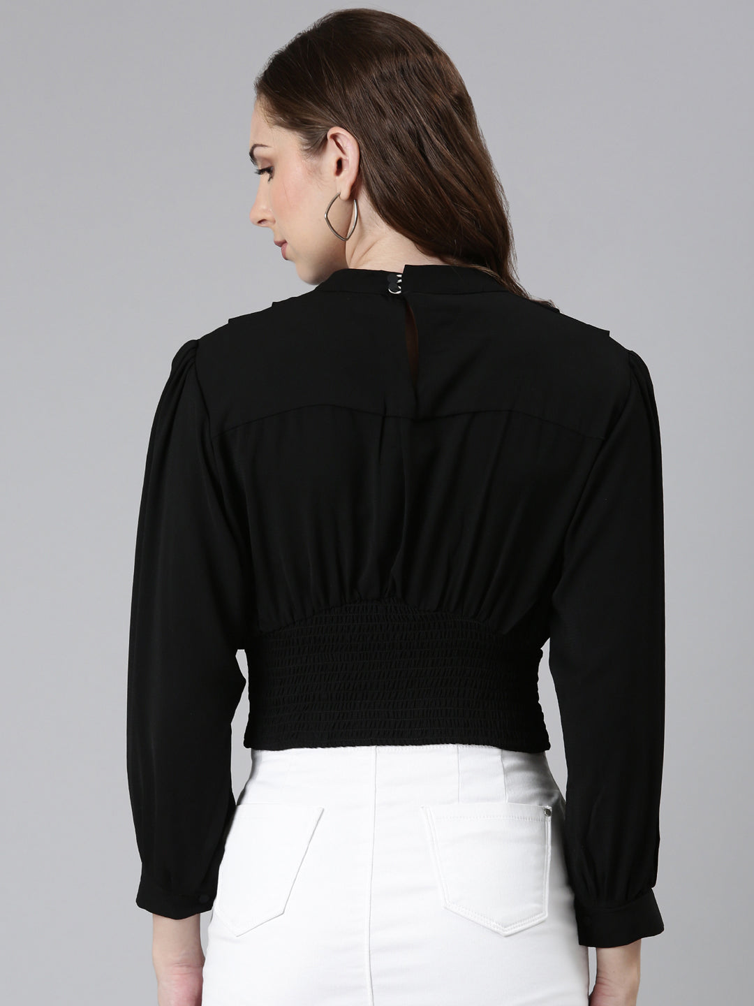 Keyhole Neck Bishop Sleeves Solid Cinched Waist Black Crop Top