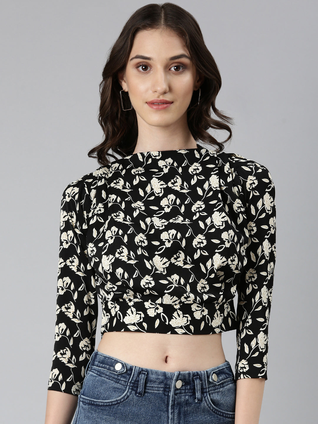 Women Black Floral Blouson Top