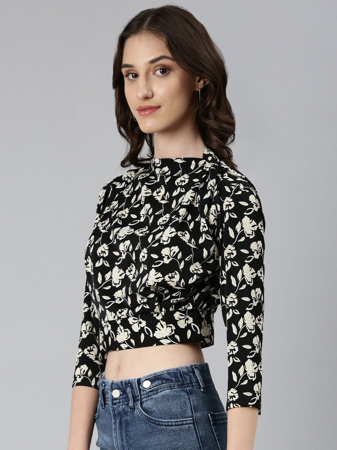 Women Black Floral Blouson Top