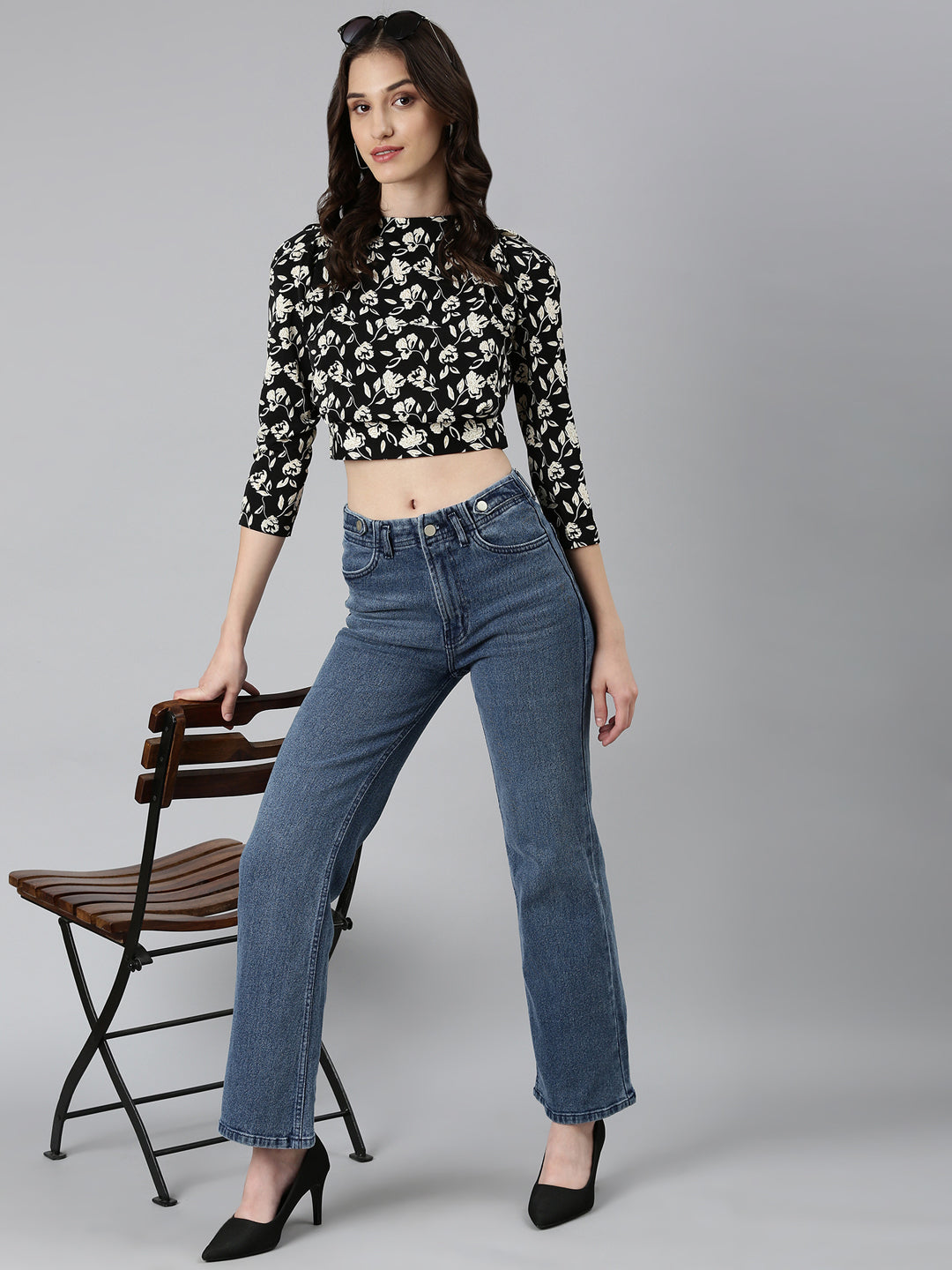 Women Black Floral Blouson Top