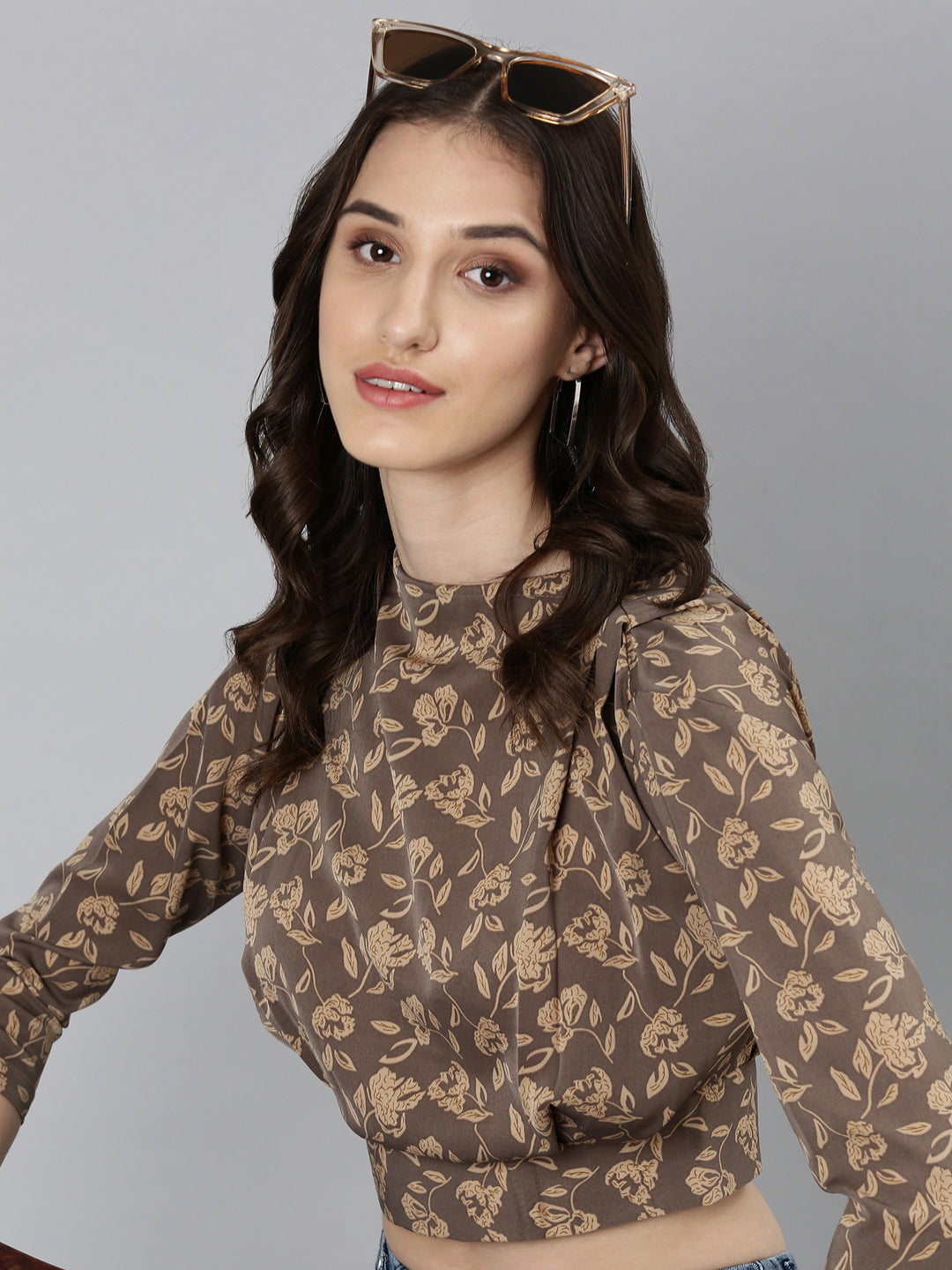 Women Taupe Floral Blouson Top