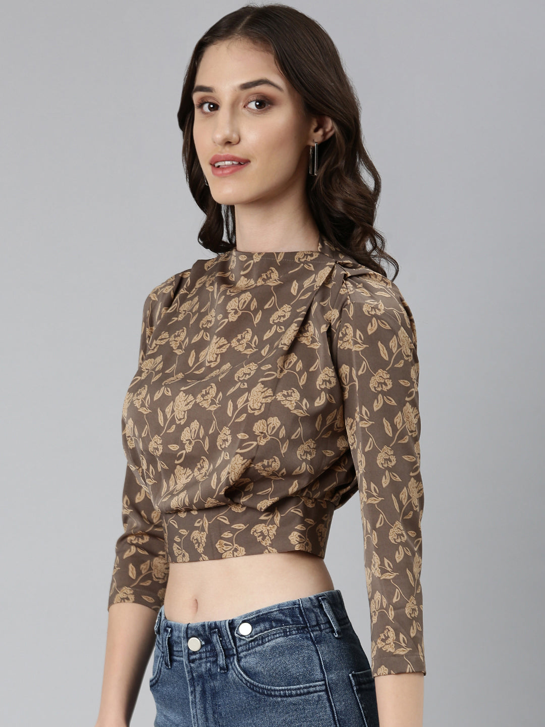 Women Taupe Floral Blouson Top