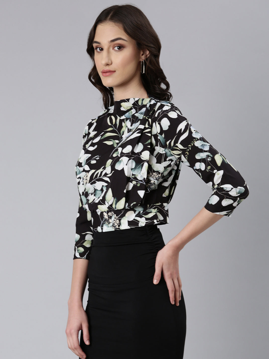 Women Black Floral Blouson Top