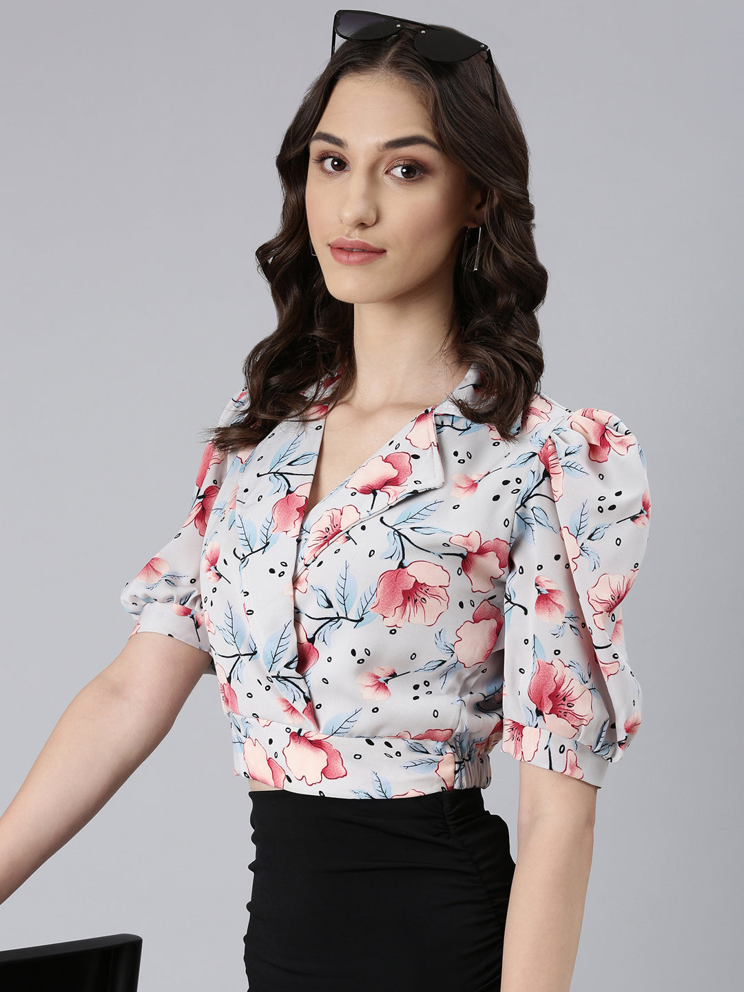 Women Grey Floral Blouson Crop Top