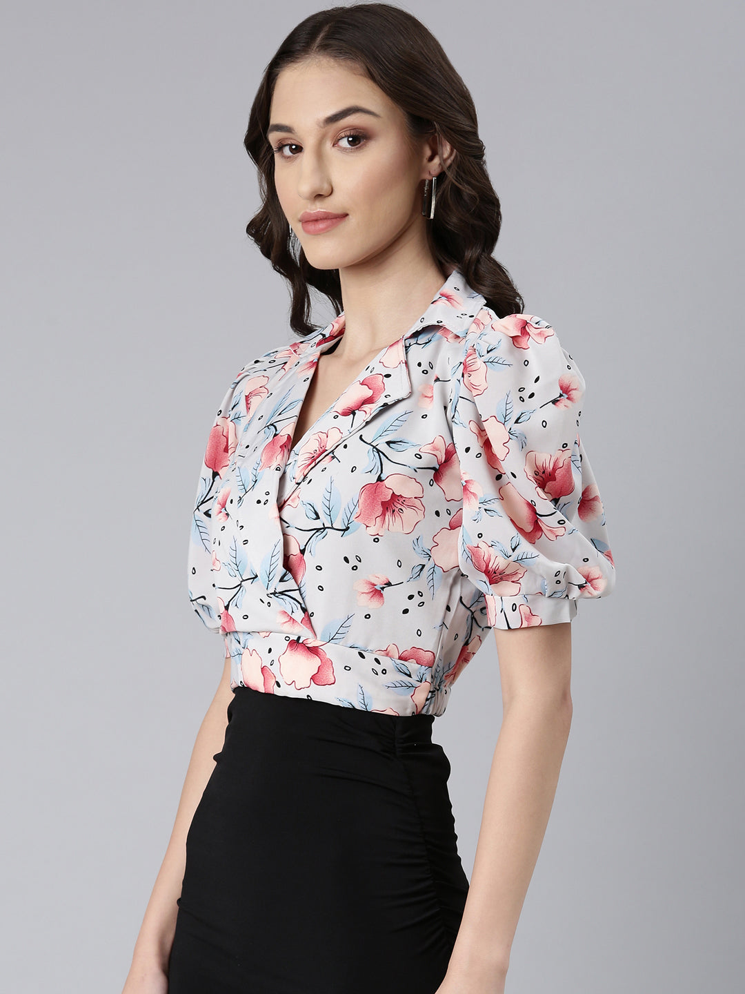 Women Grey Floral Blouson Crop Top