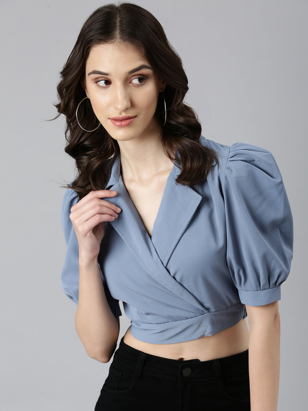 Women Blue Solid Blouson Crop Top