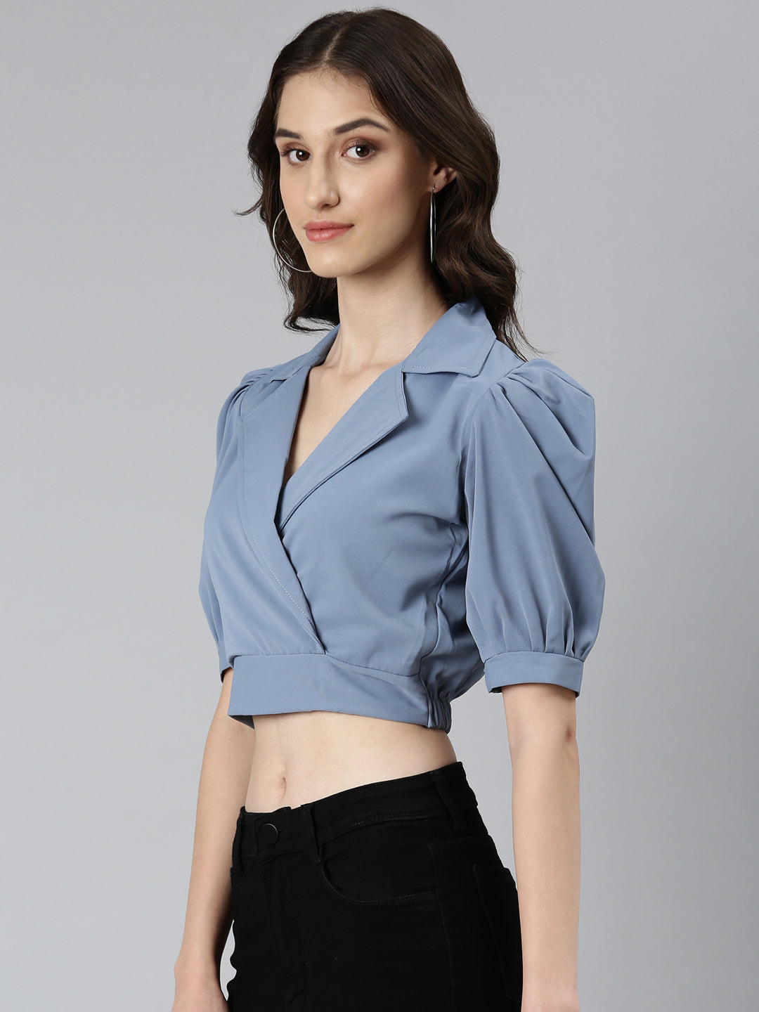 Women Blue Solid Blouson Crop Top