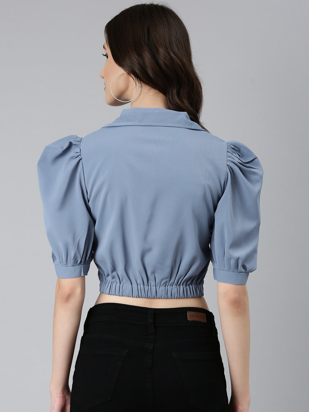 Women Blue Solid Blouson Crop Top