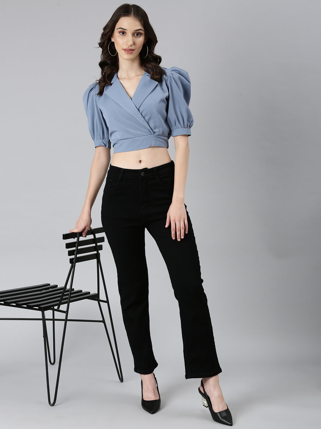 Women Blue Solid Blouson Crop Top