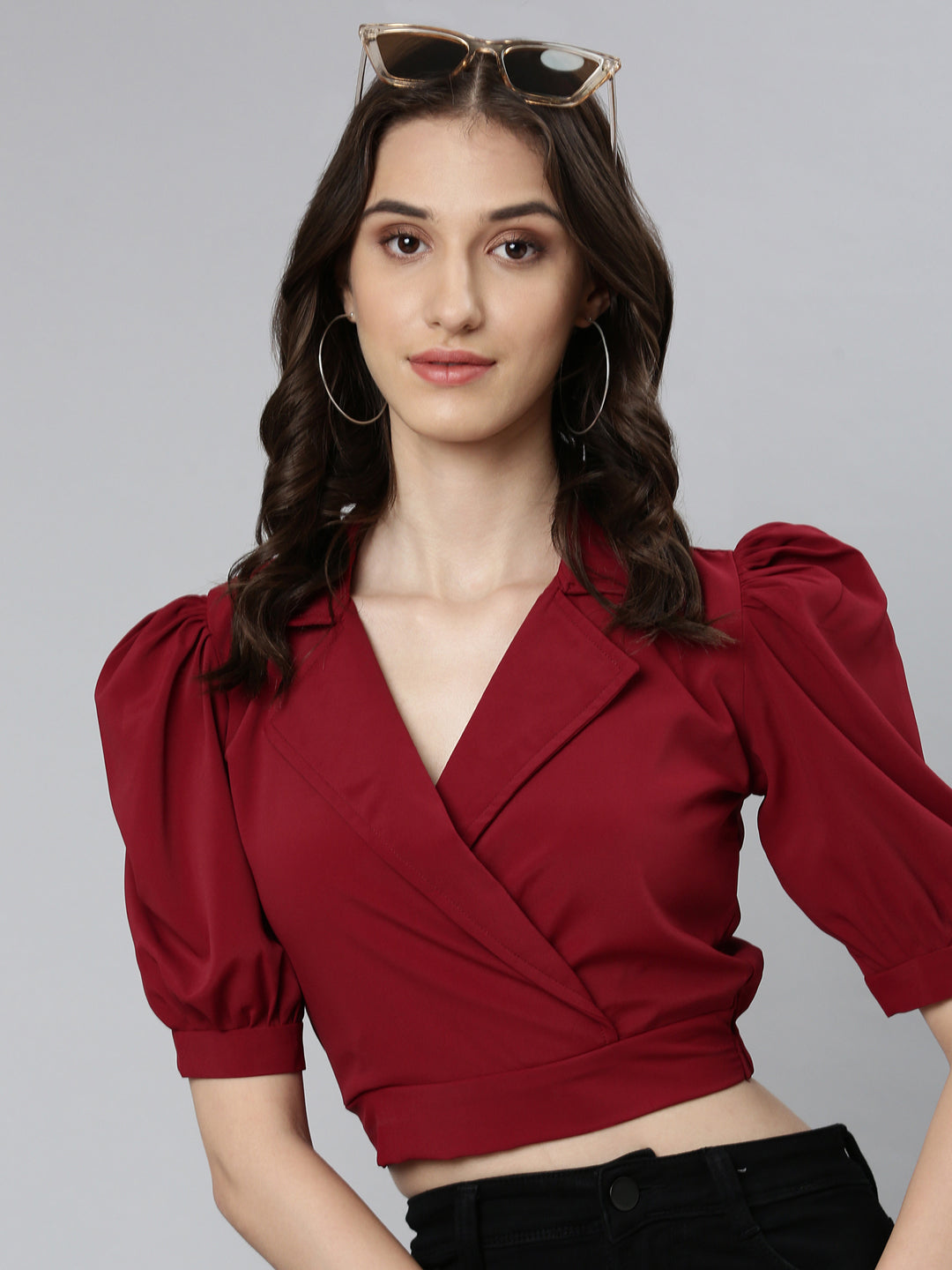 Women Maroon Solid Blouson Crop Top