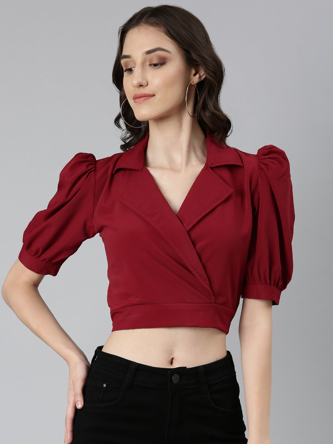 Women Maroon Solid Blouson Crop Top