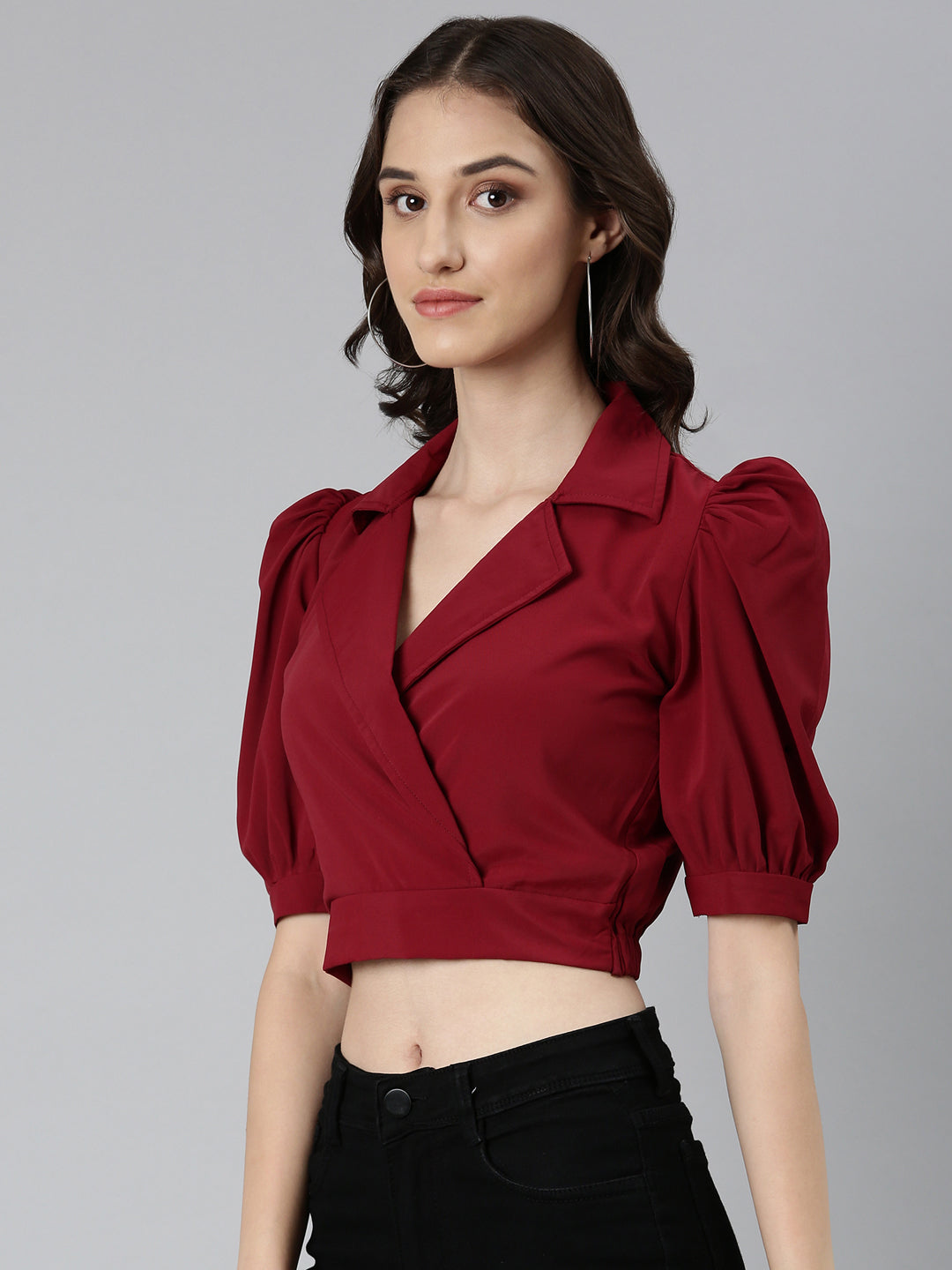 Women Maroon Solid Blouson Crop Top