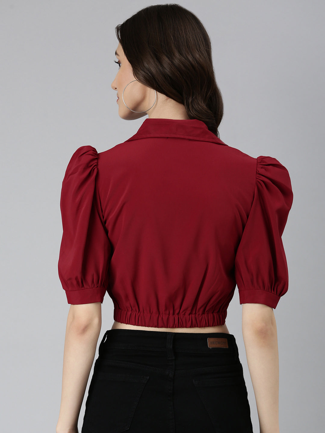 Women Maroon Solid Blouson Crop Top