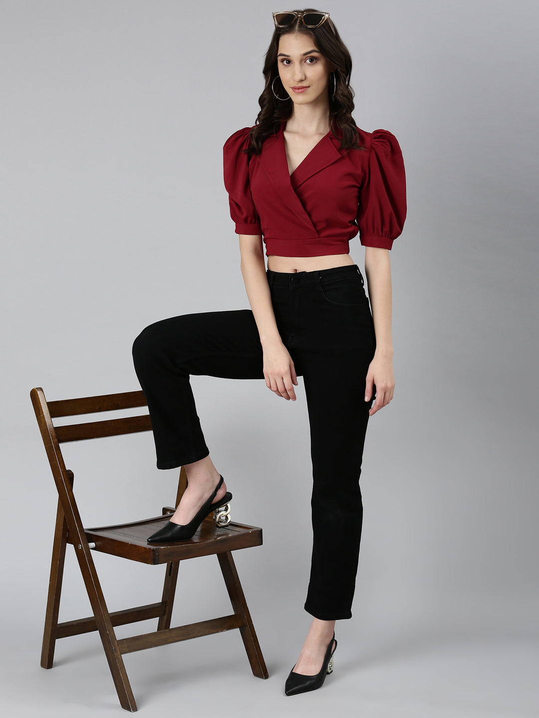 Women Maroon Solid Blouson Crop Top