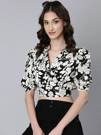 Women's Off White Floral Printed Puffed Sleeve Shirt Collar Wrap Crop Top
