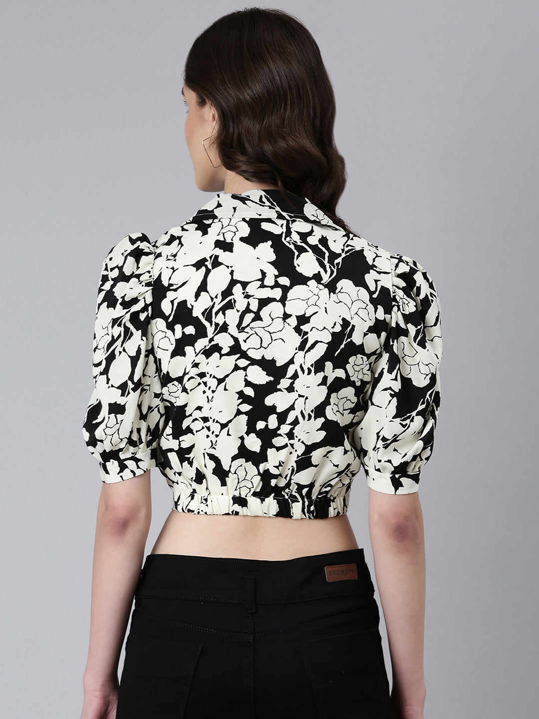 Women Off White Floral Blouson Crop Top