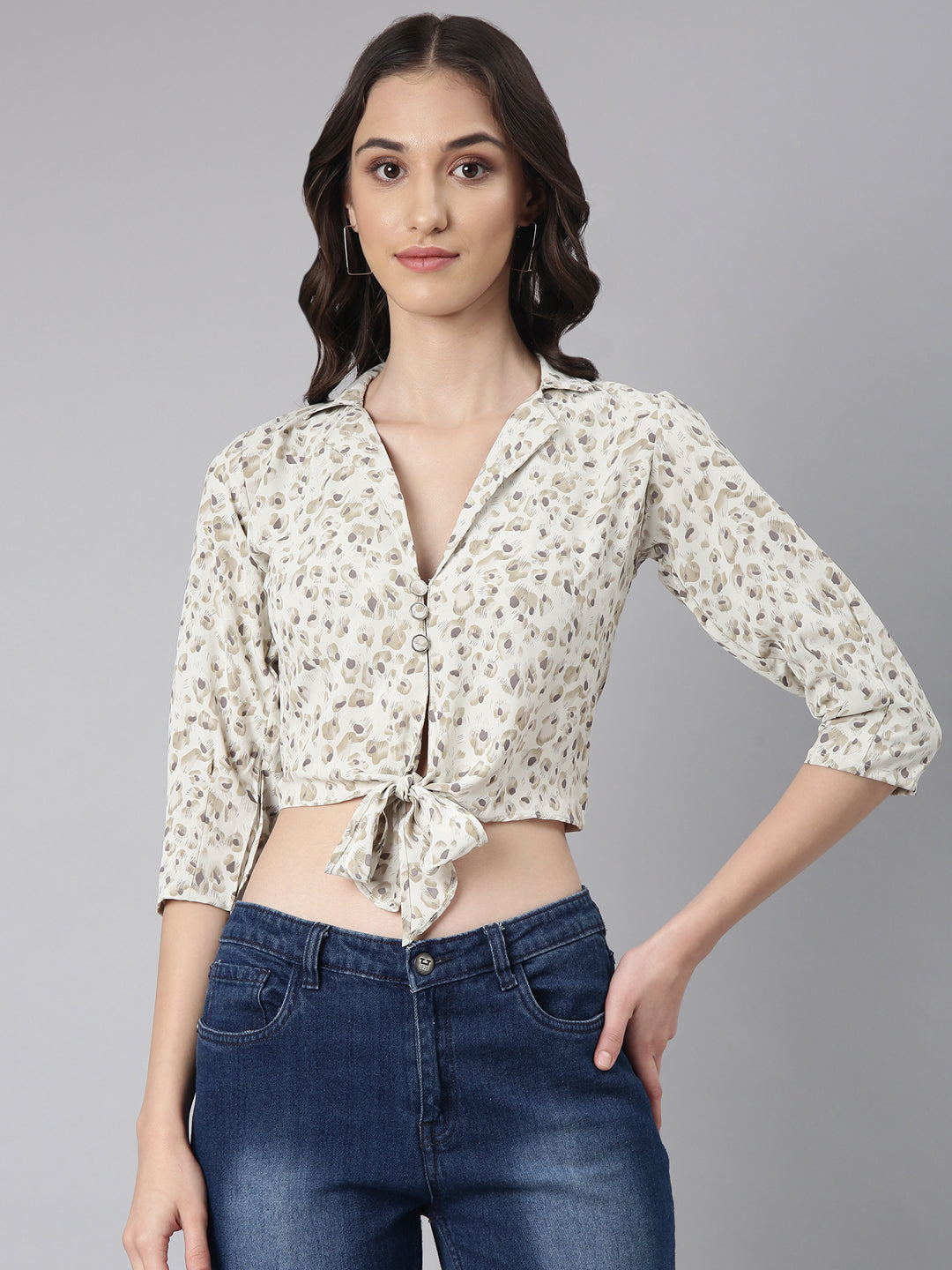 Women Off White Printed Blouson Crop Top