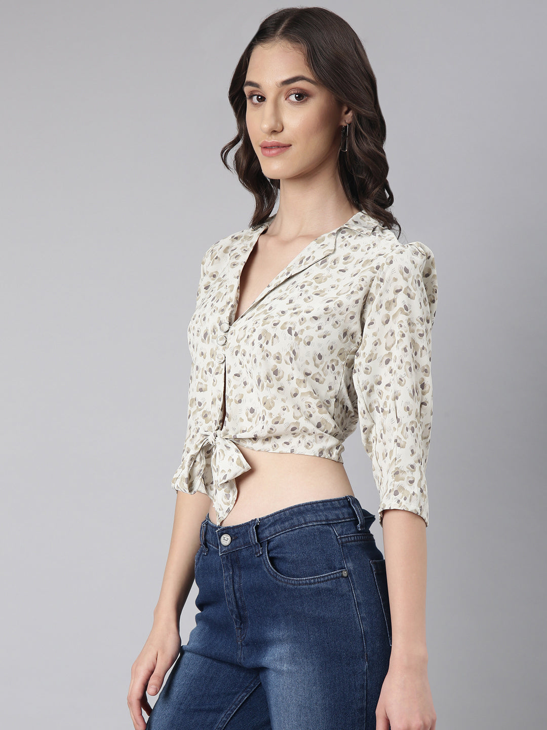 Women Off White Printed Blouson Crop Top