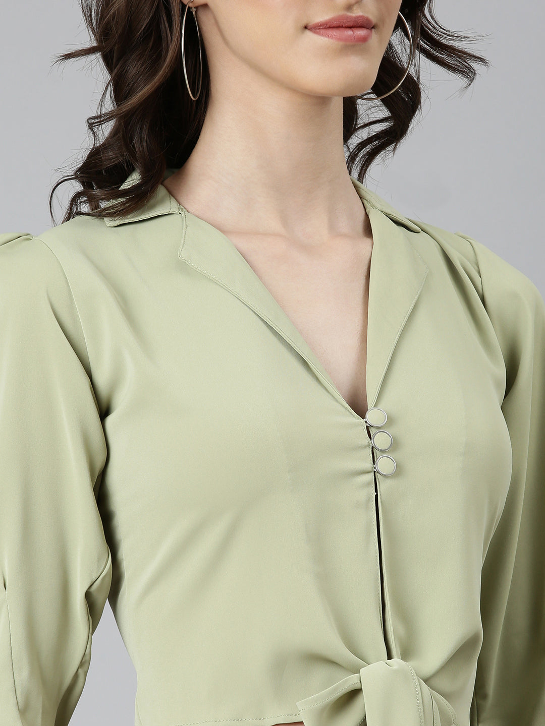 Women Olive Solid Shirt Style Crop Top