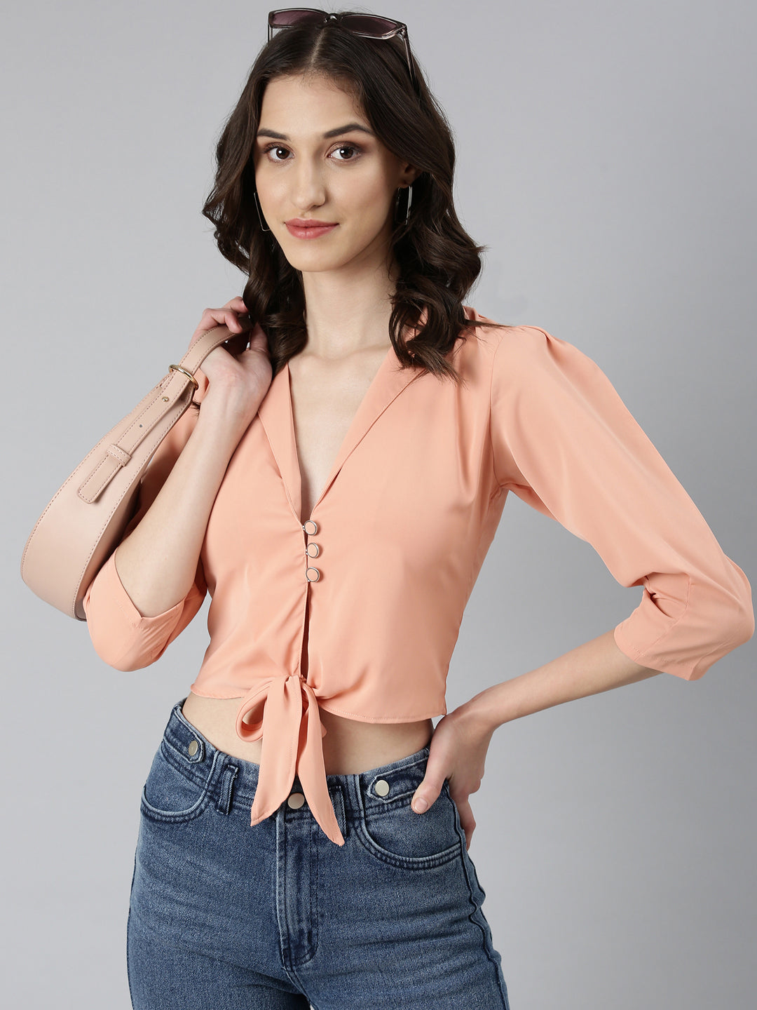 Women Peach Solid Shirt Style Crop Top