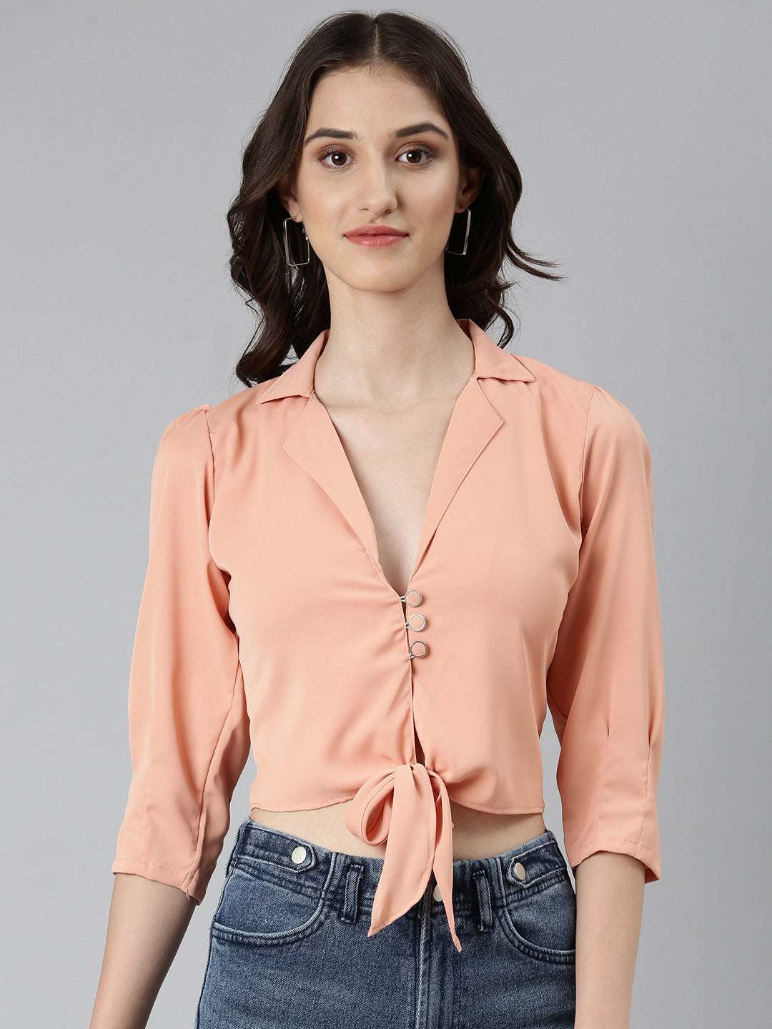 Women Peach Solid Shirt Style Crop Top