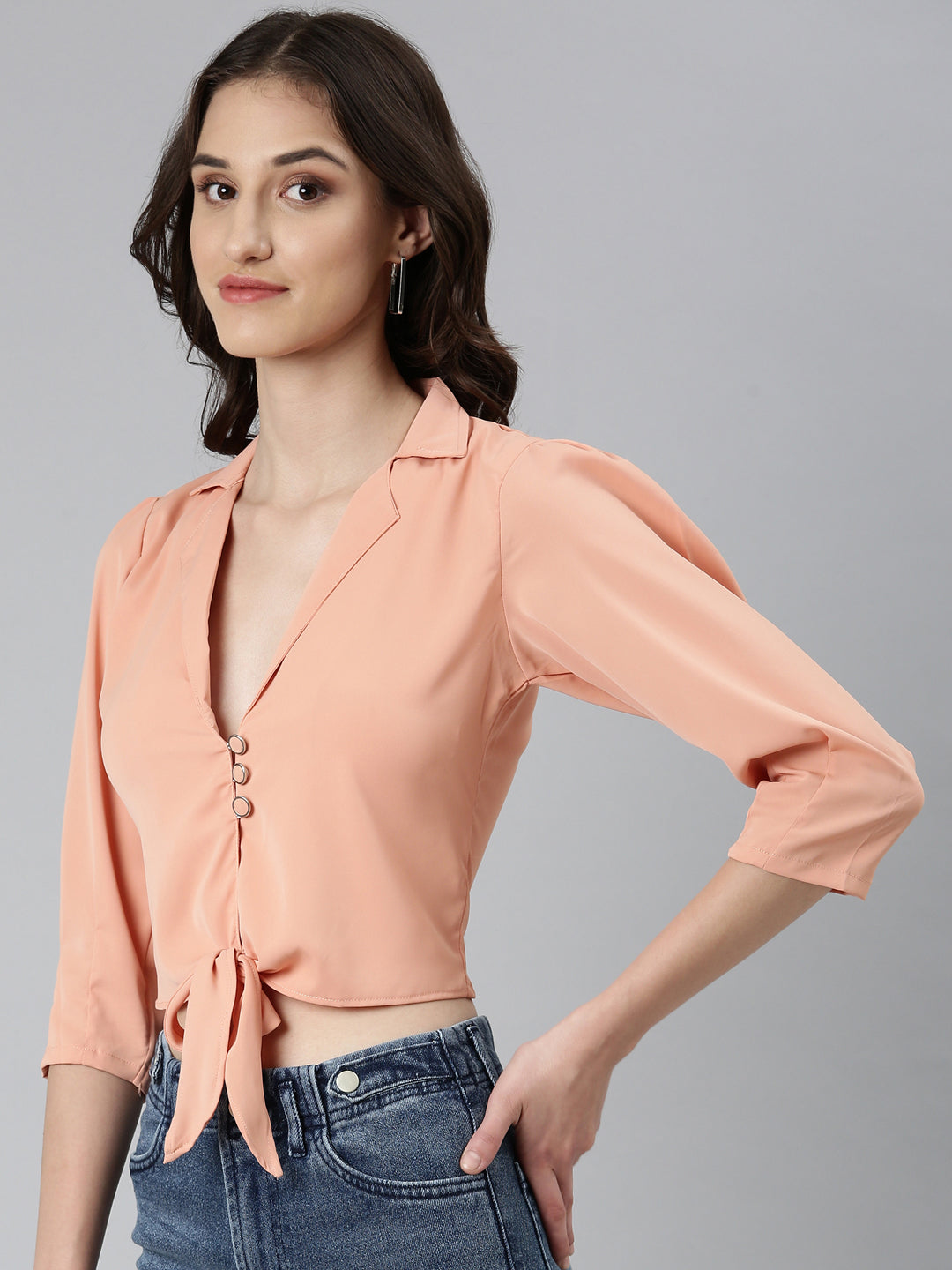 Women Peach Solid Shirt Style Crop Top