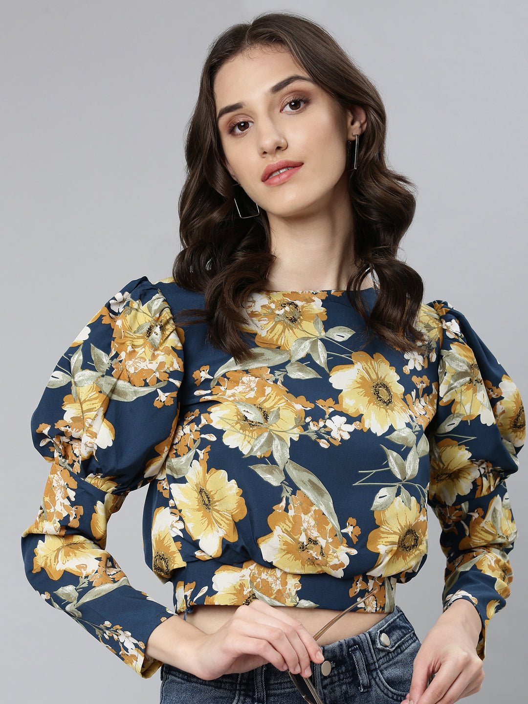 Women's Teal Floral Printed Puffed Sleeves Crepe Blouson Crop Top