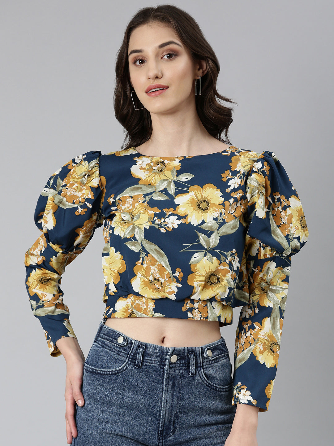 Women's Teal Floral Printed Puffed Sleeves Crepe Blouson Crop Top