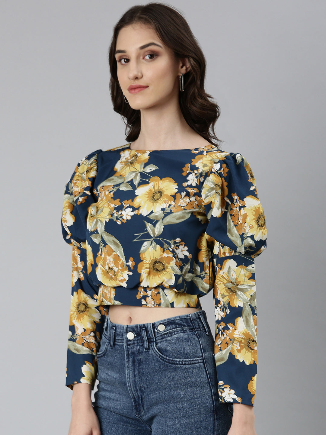 Women Teal Floral Blouson Crop Top