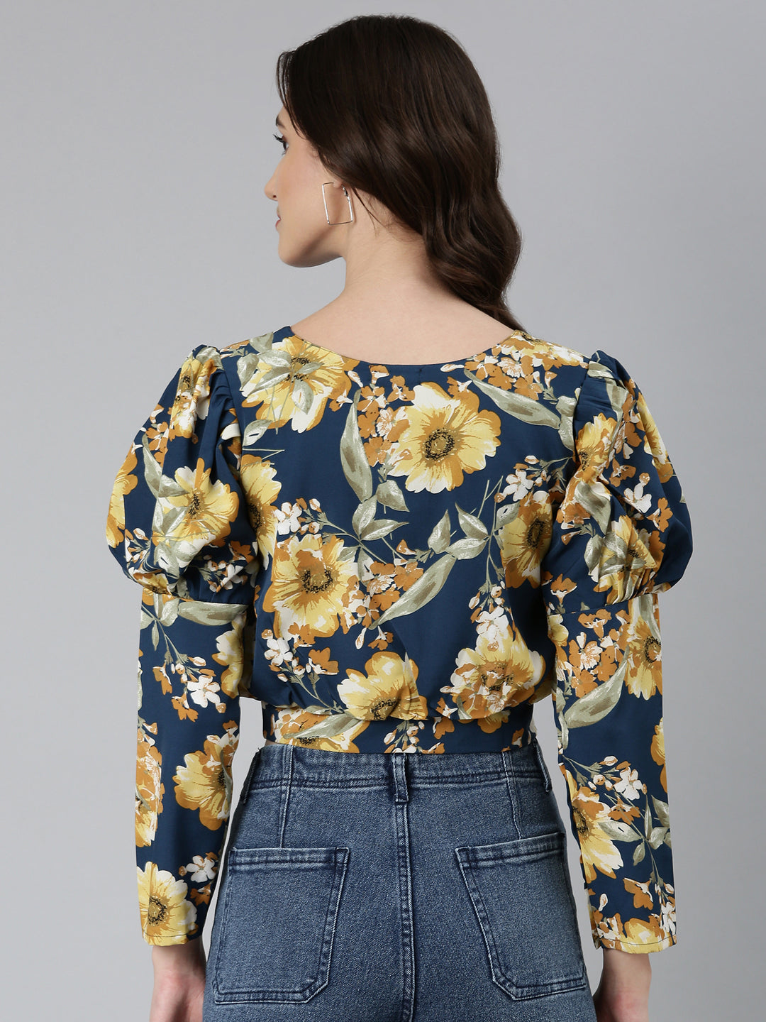 Women Teal Floral Blouson Crop Top