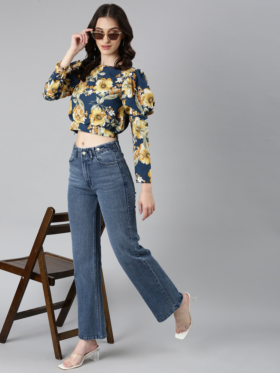 Women Teal Floral Blouson Crop Top