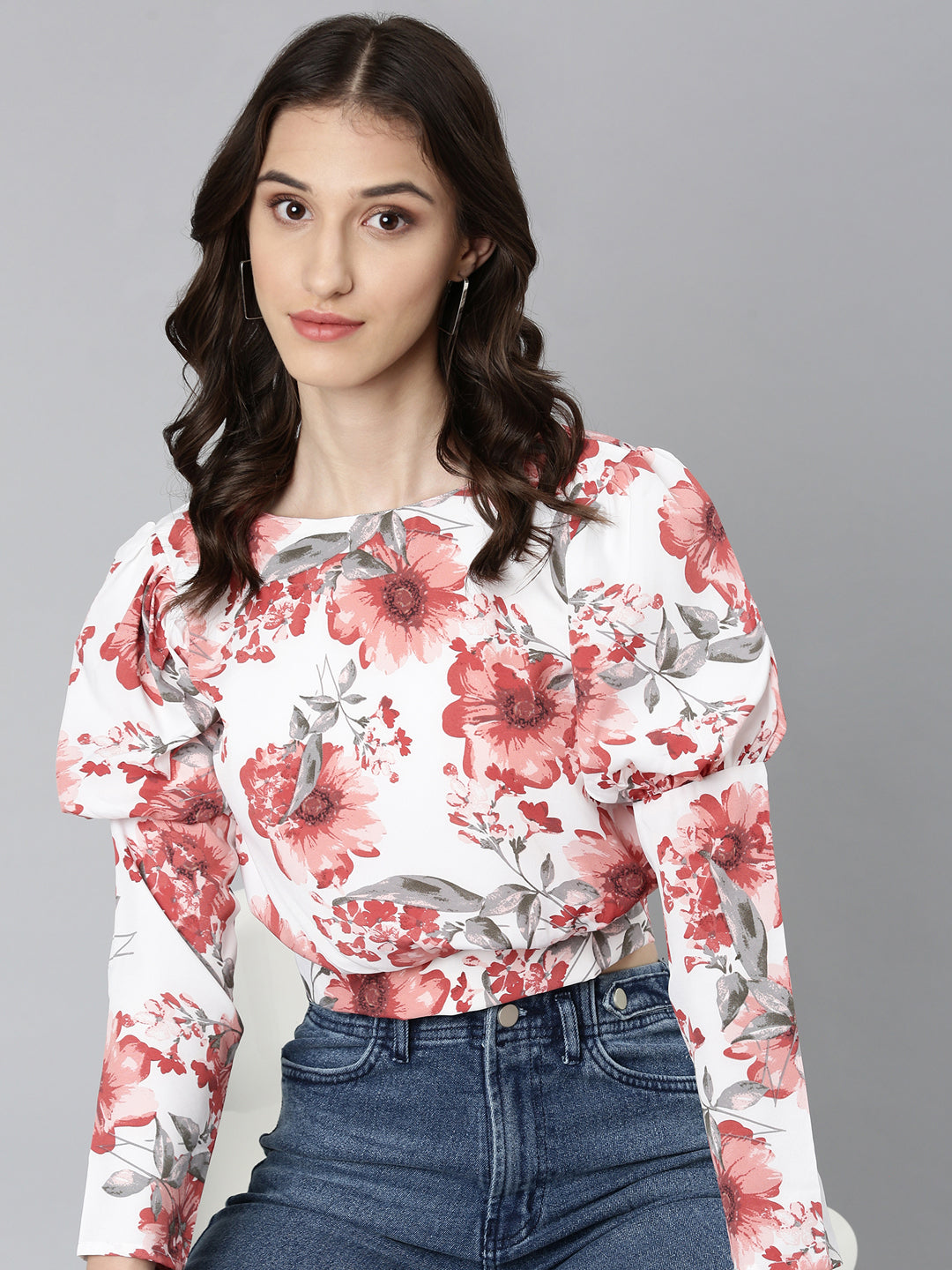 Women White Floral Blouson Crop Top