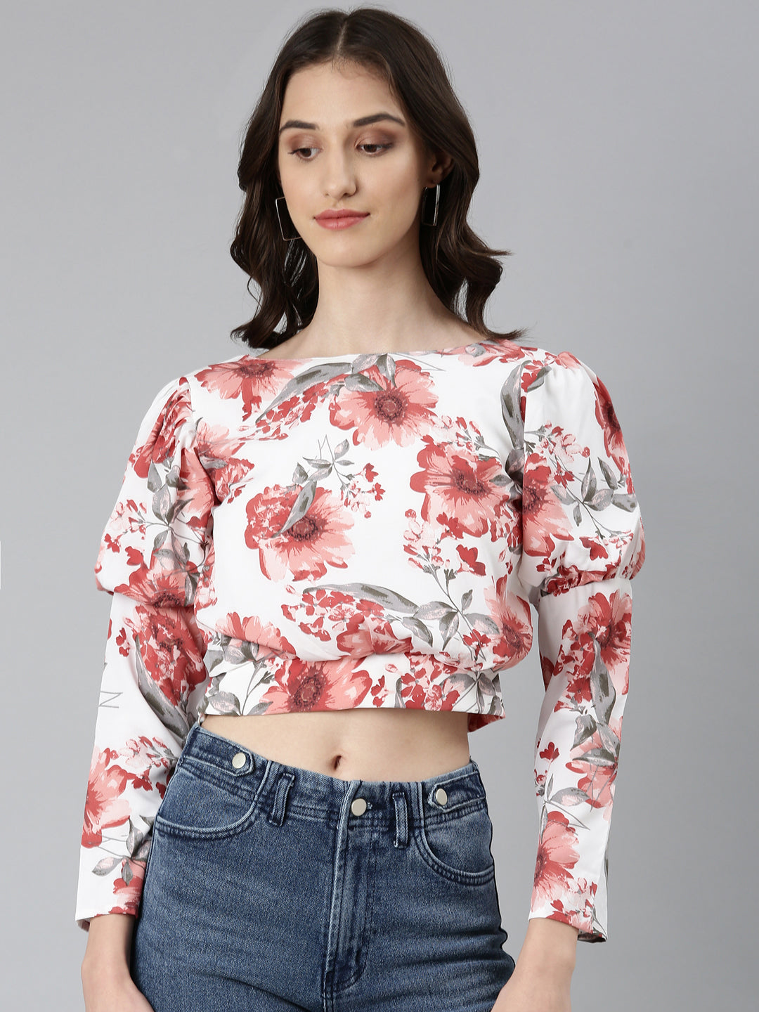 Women White Floral Blouson Crop Top