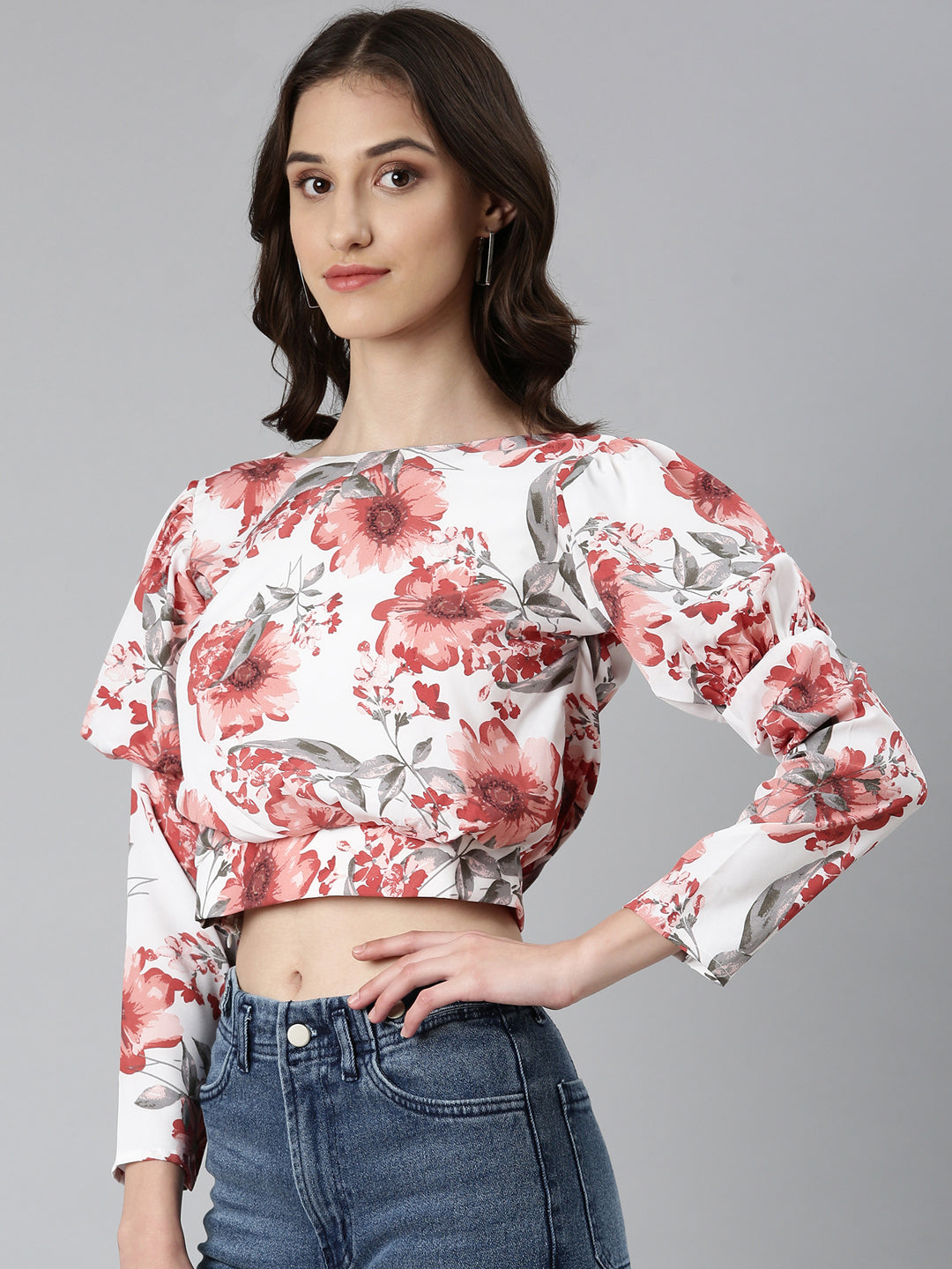 Women White Floral Blouson Crop Top