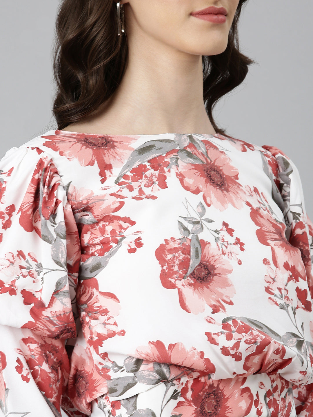 Women White Floral Blouson Crop Top