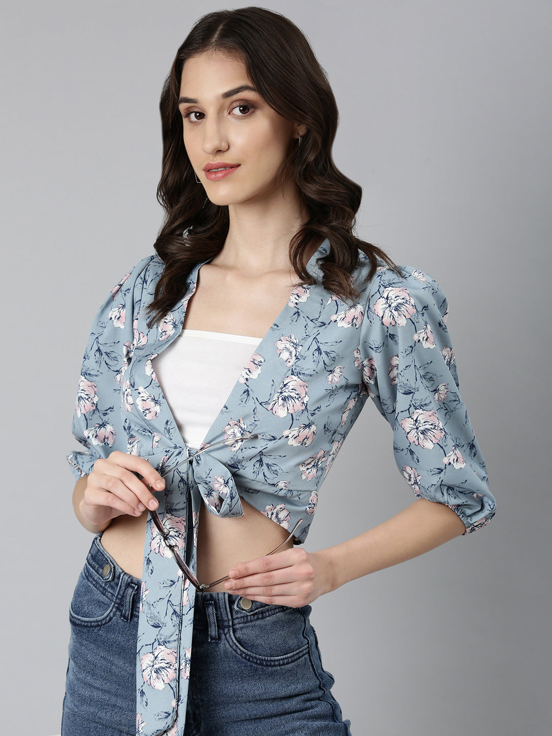 Women Blue Floral Wrap Crop Top