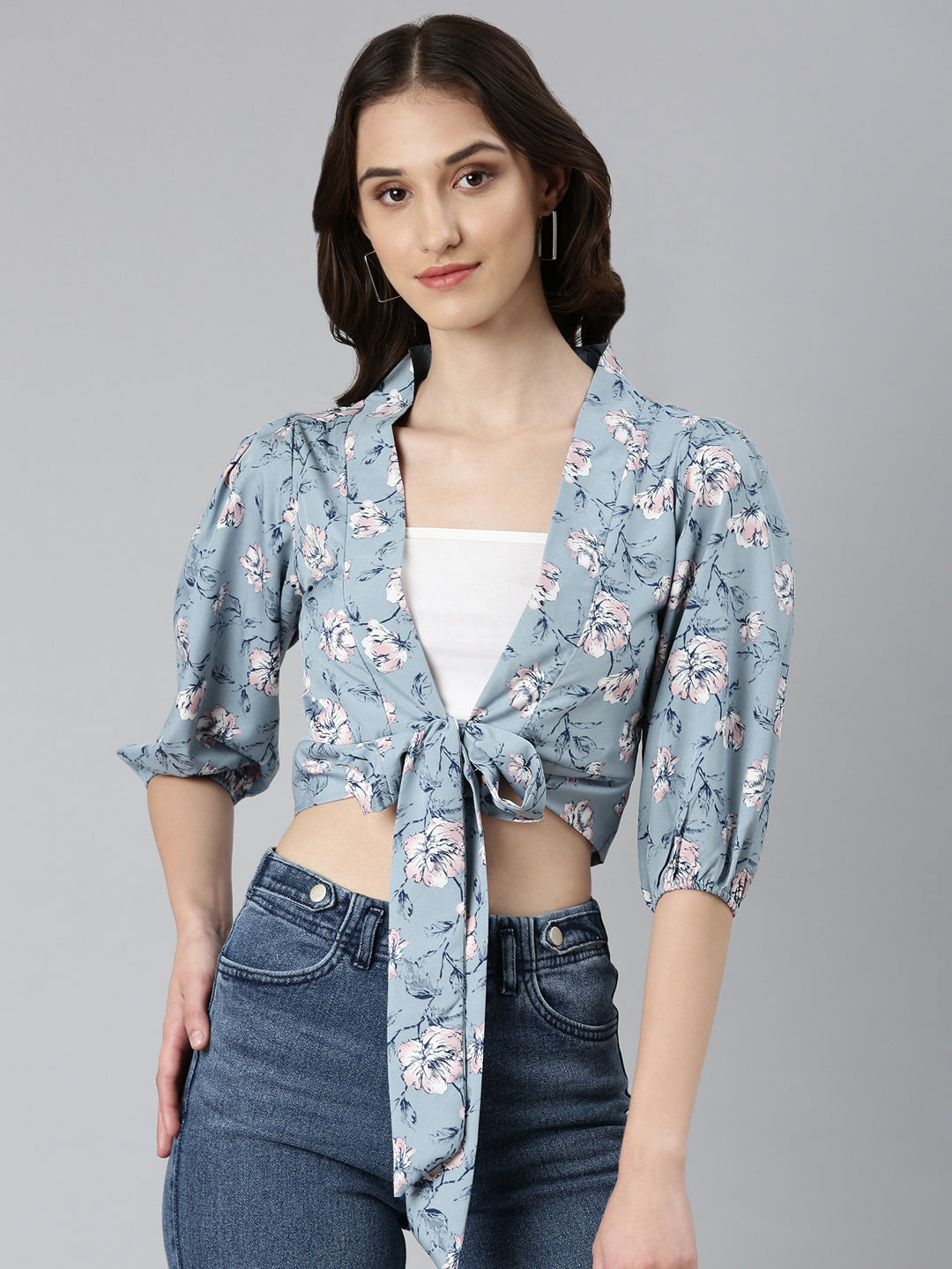 Women Blue Floral Wrap Crop Top