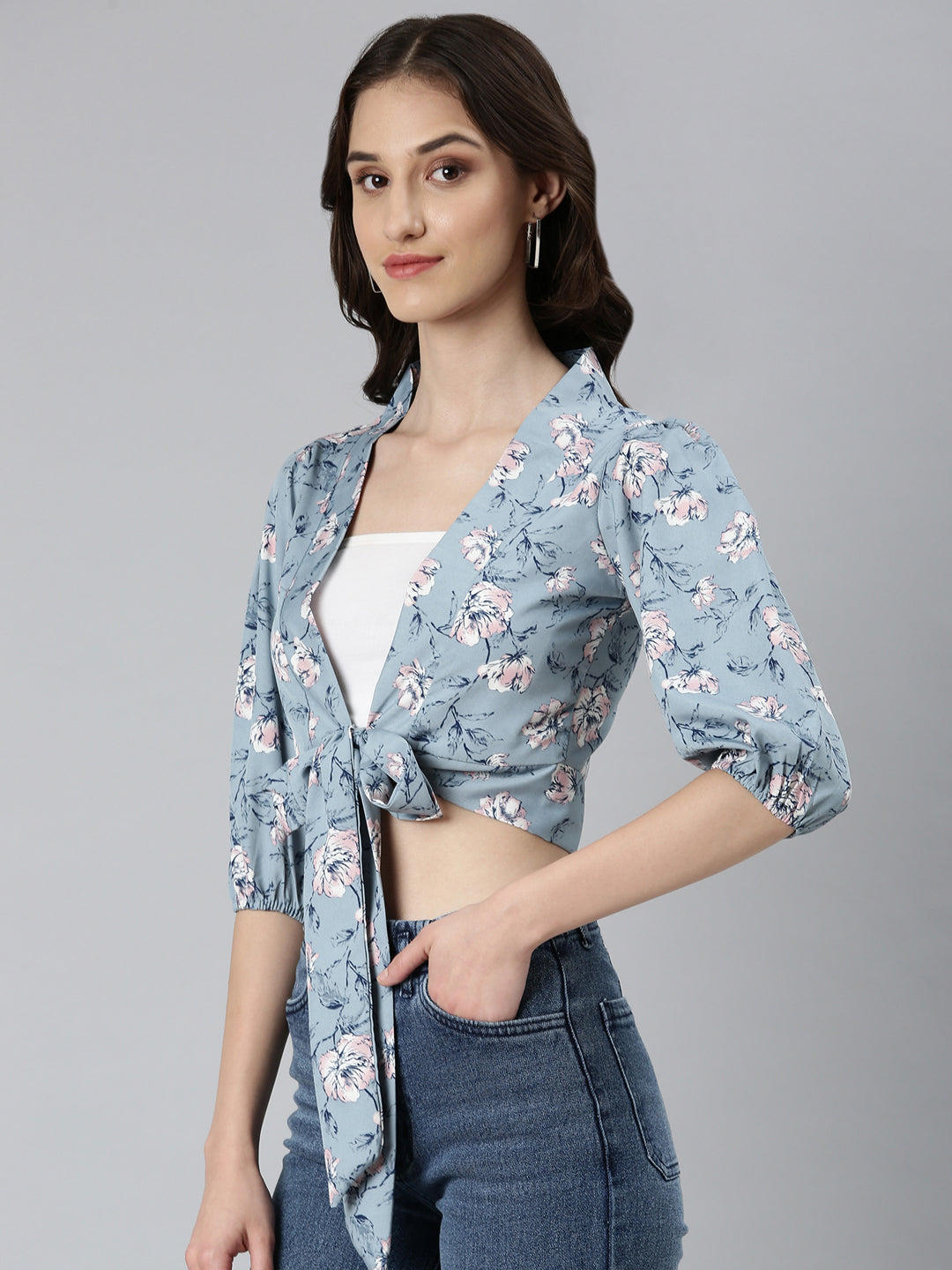 Women Blue Floral Wrap Crop Top