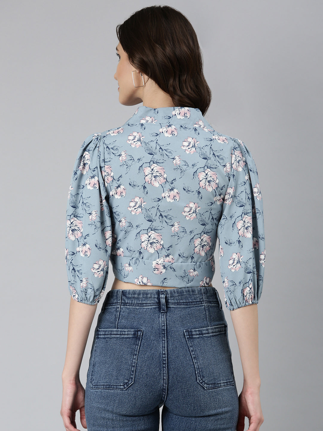 Women Blue Floral Wrap Crop Top