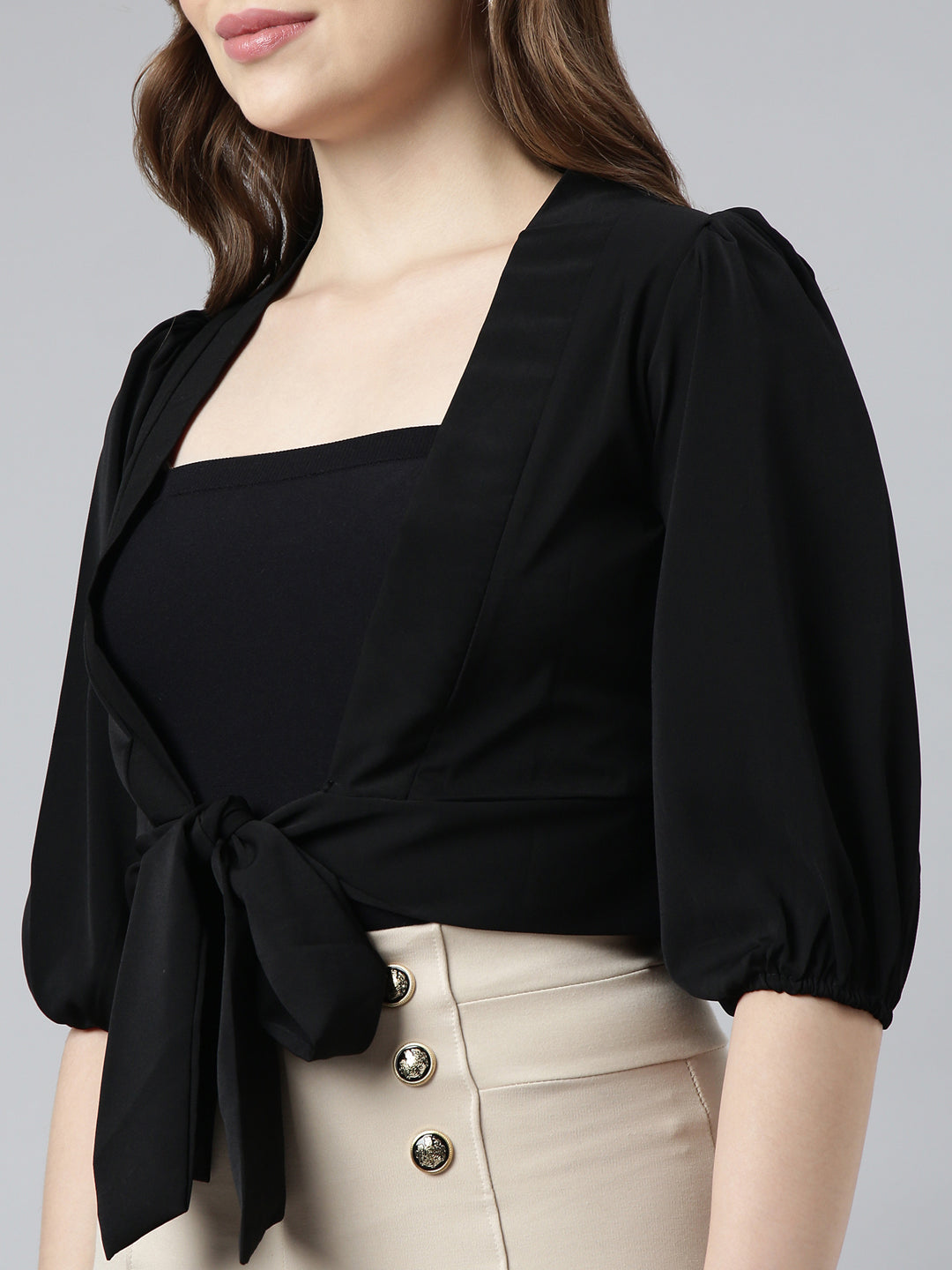 Women Black Solid Blouson Crop Top