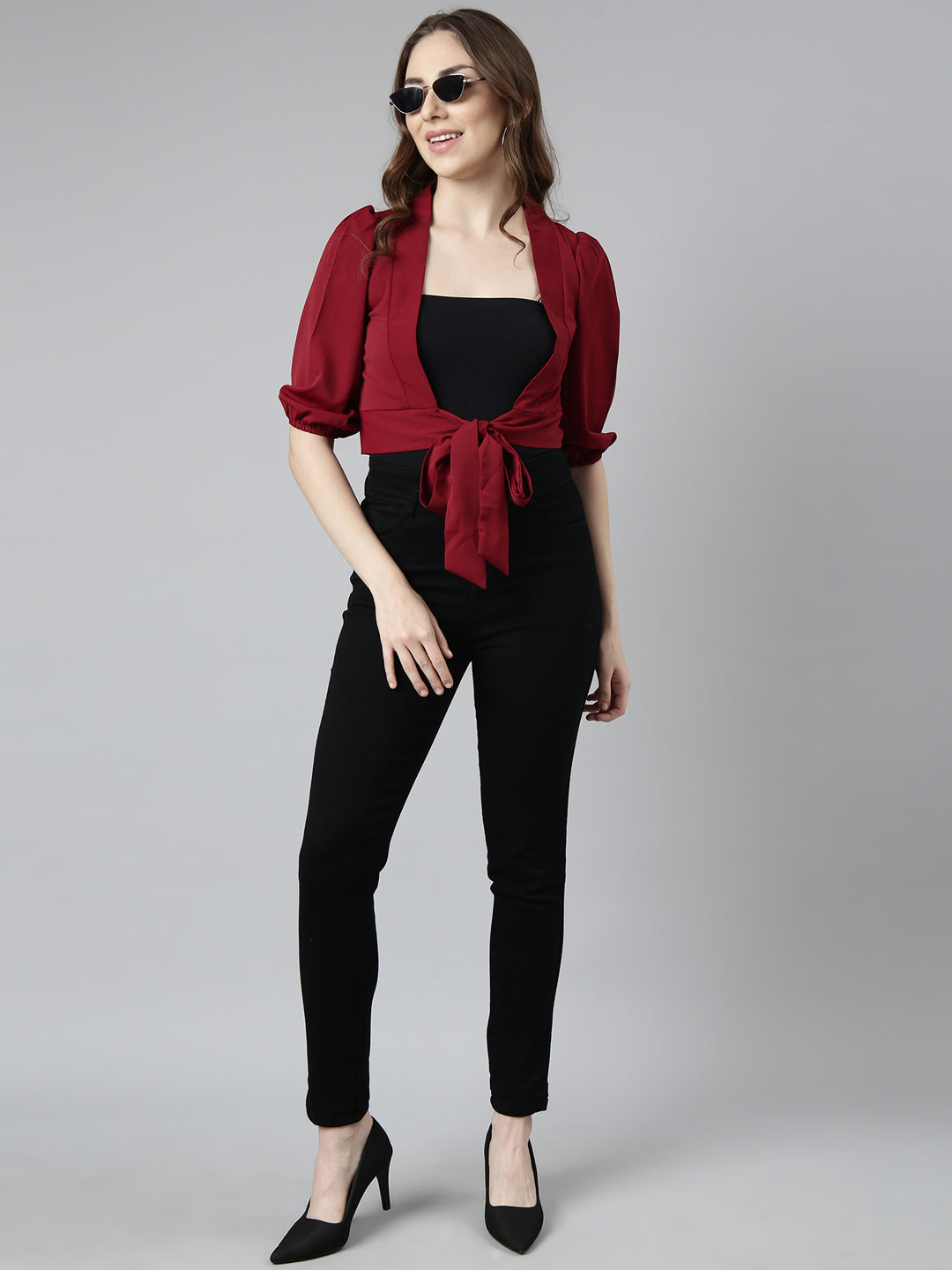 Women Maroon Solid Blouson Crop Top